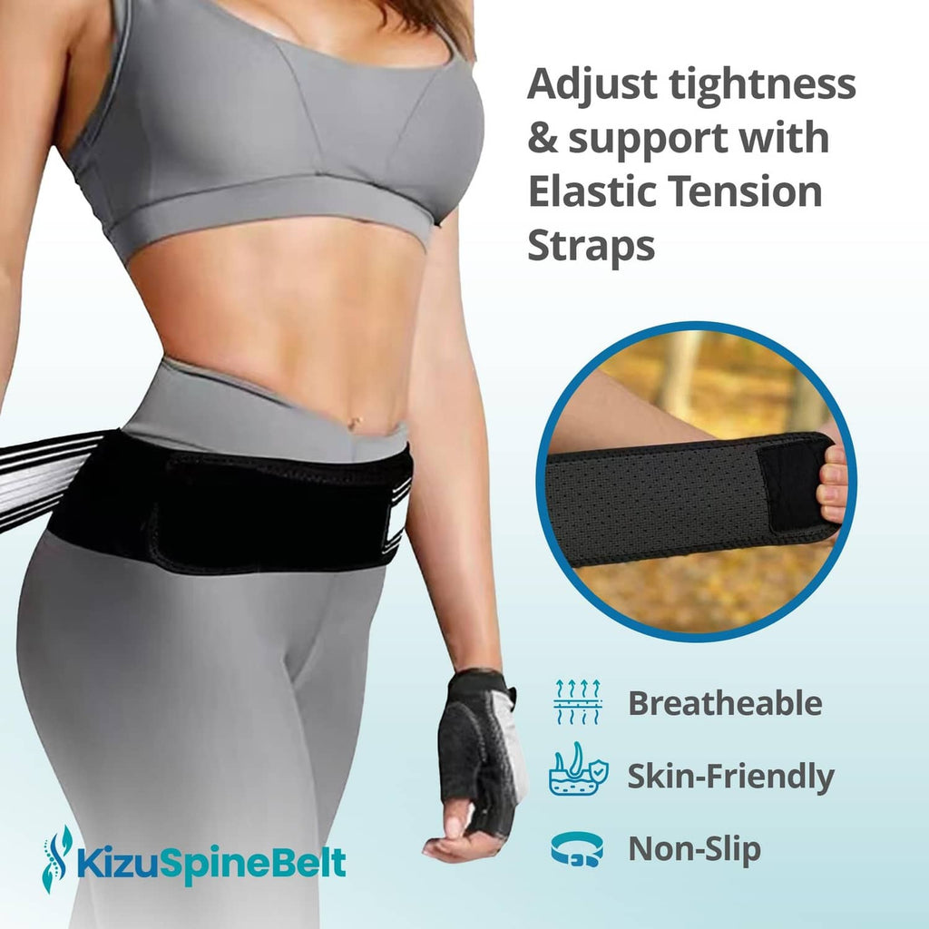 Black lumbar support belt with breathable stretch band and adjustable straps on waist