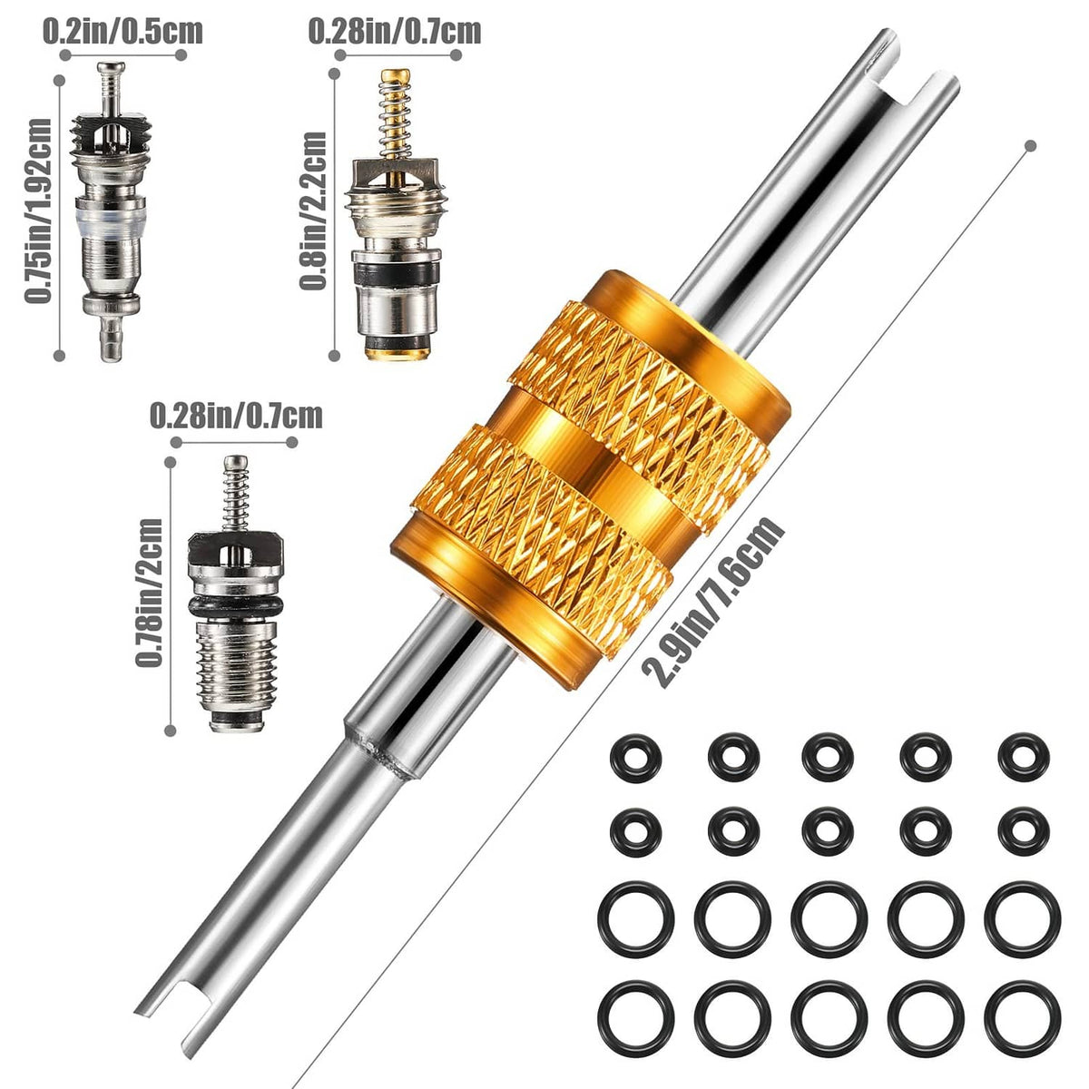 Brass valve core remover tool with gold grip, chrome shaft, plus O-rings and stems
