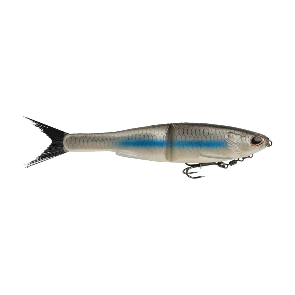 Silver-blue glide bait soft plastic lure with orange eye and treble hooks
