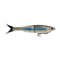 Silver-blue glide bait soft plastic lure with orange eye and treble hooks