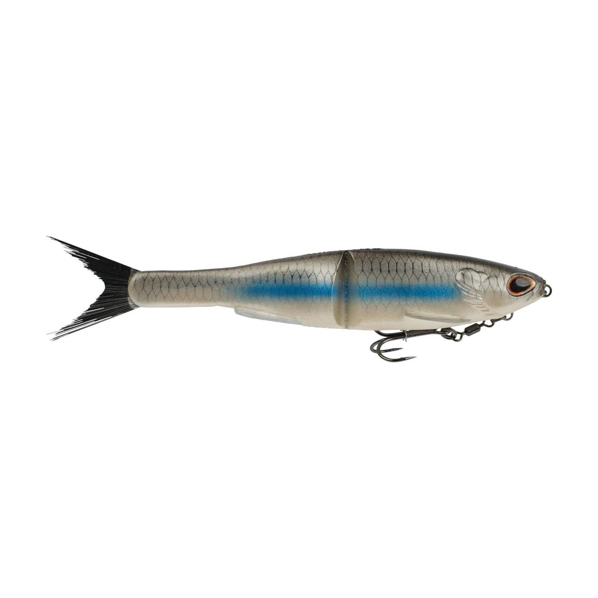 Silver-blue glide bait soft plastic lure with orange eye and treble hooks