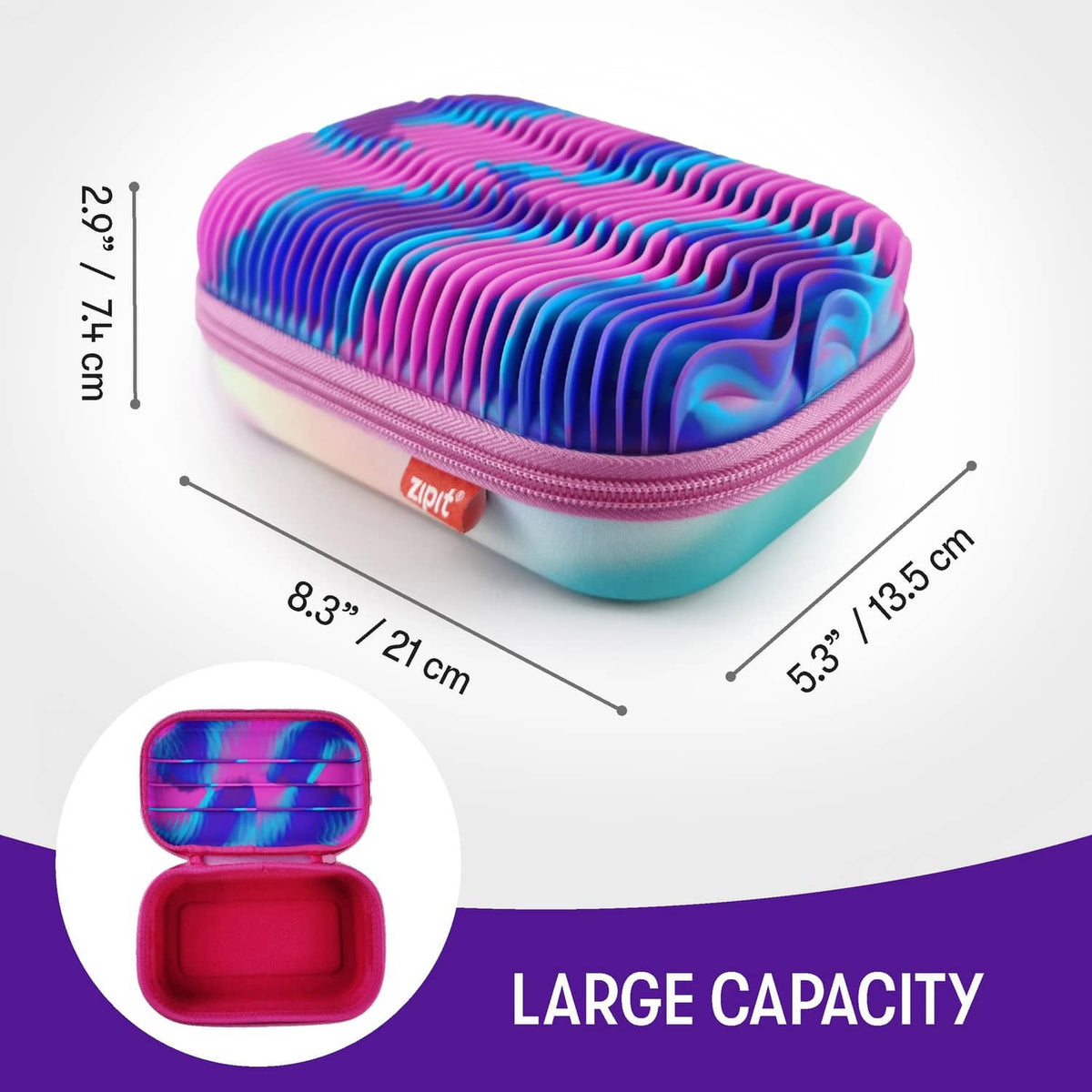 Wavy silicone pencil case with ridged purple and blue top and pink zipper