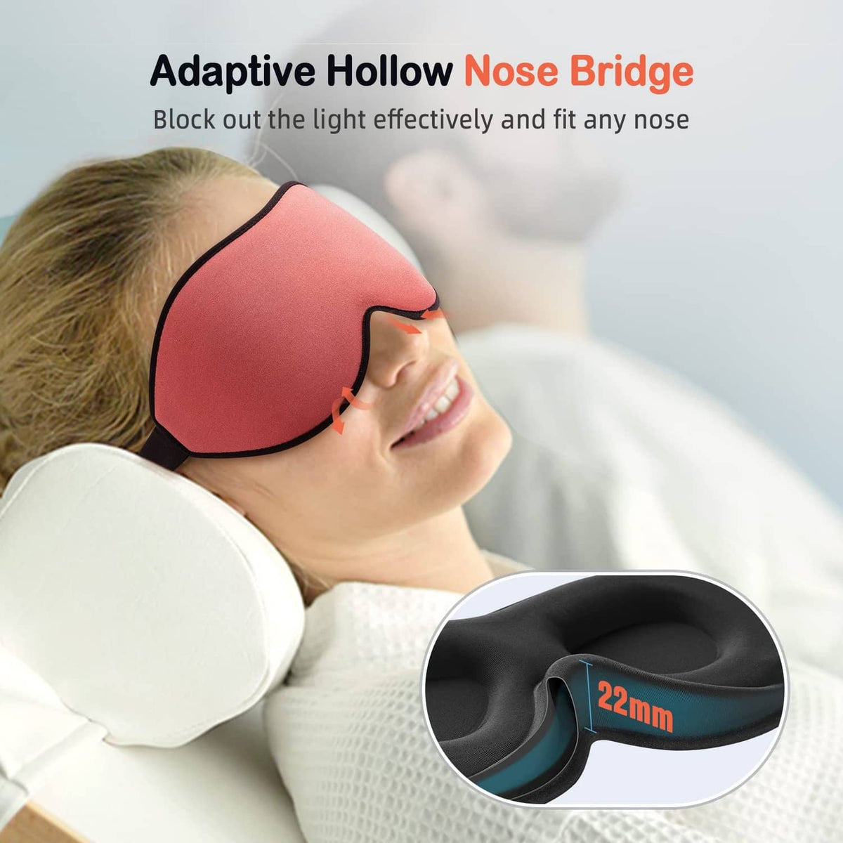 Coral red sleep eye mask with adaptive hollow nose bridge, worn over eyes