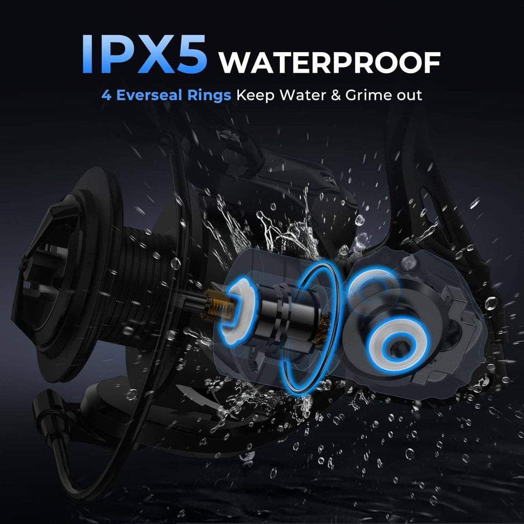 Black spinning reel with waterproof design showing spray and highlighted internal parts