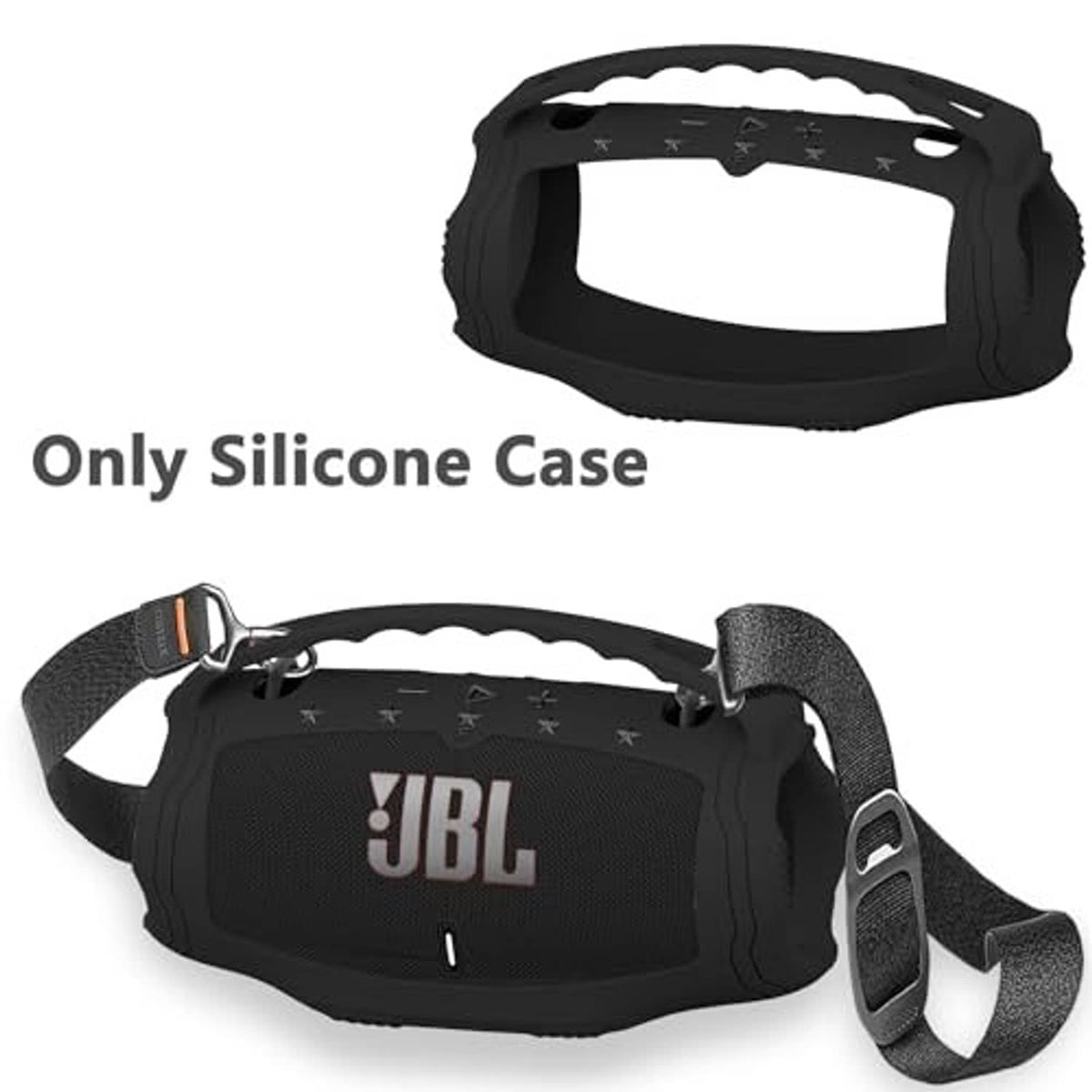 Black silicone speaker case with shoulder strap, JBL logo, and orange pull tab