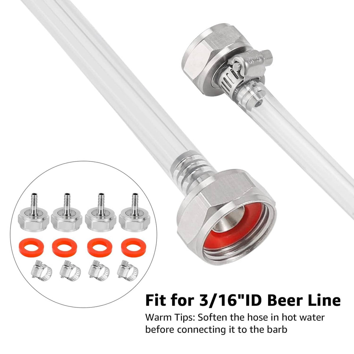 Stainless keg coupler barb connector with orange sealing gasket and clamp