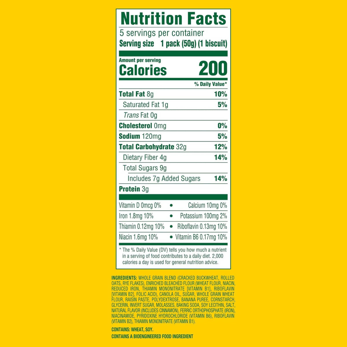 Nutrition facts label for Belvita Soft Baked Banana Bread breakfast biscuits, 1 biscuit (50g)