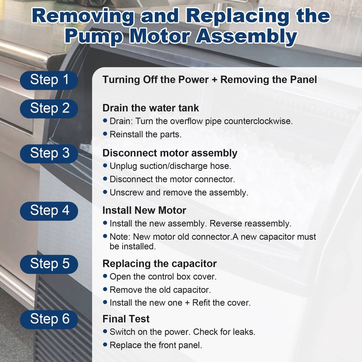 Removing and replacing ice machine water pump motor assembly steps diagram
