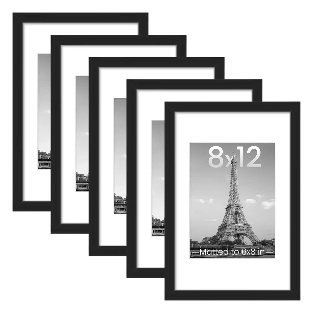 Black picture frame set of 5, stacked view with 8x12 opening and white mat
