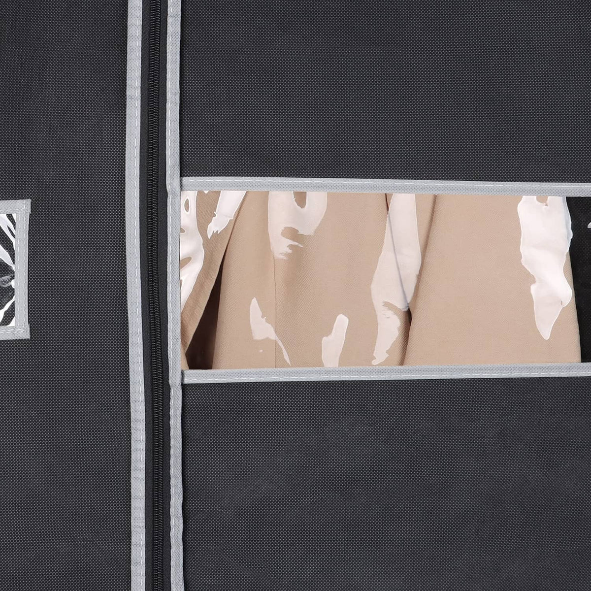 Black hanging garment bag front panel with clear mesh window and zipper closure