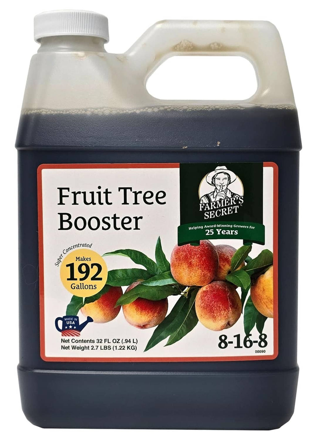 Fruit tree booster fertilizer bottle, dark blue base and white cap