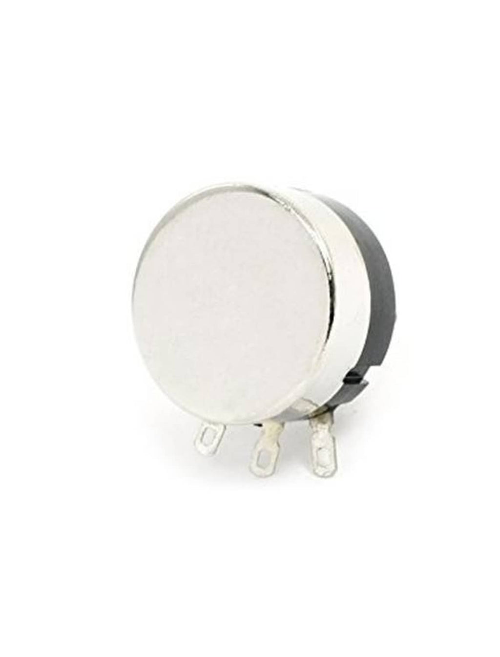 Round rotary potentiometer back view with metal terminals and black mounting ring
