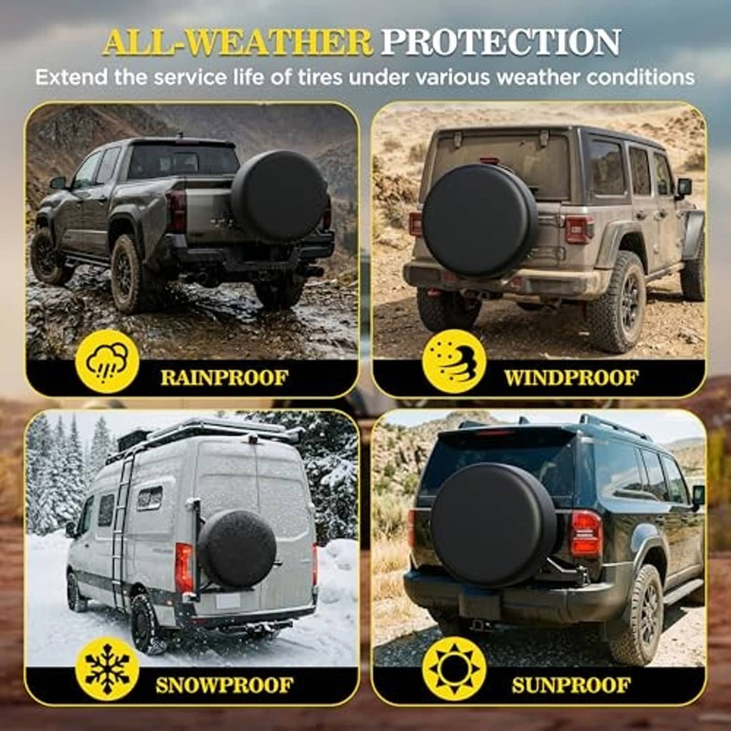 Spare tire cover on off-road vehicle rear; round dark cover with weatherproof icons.