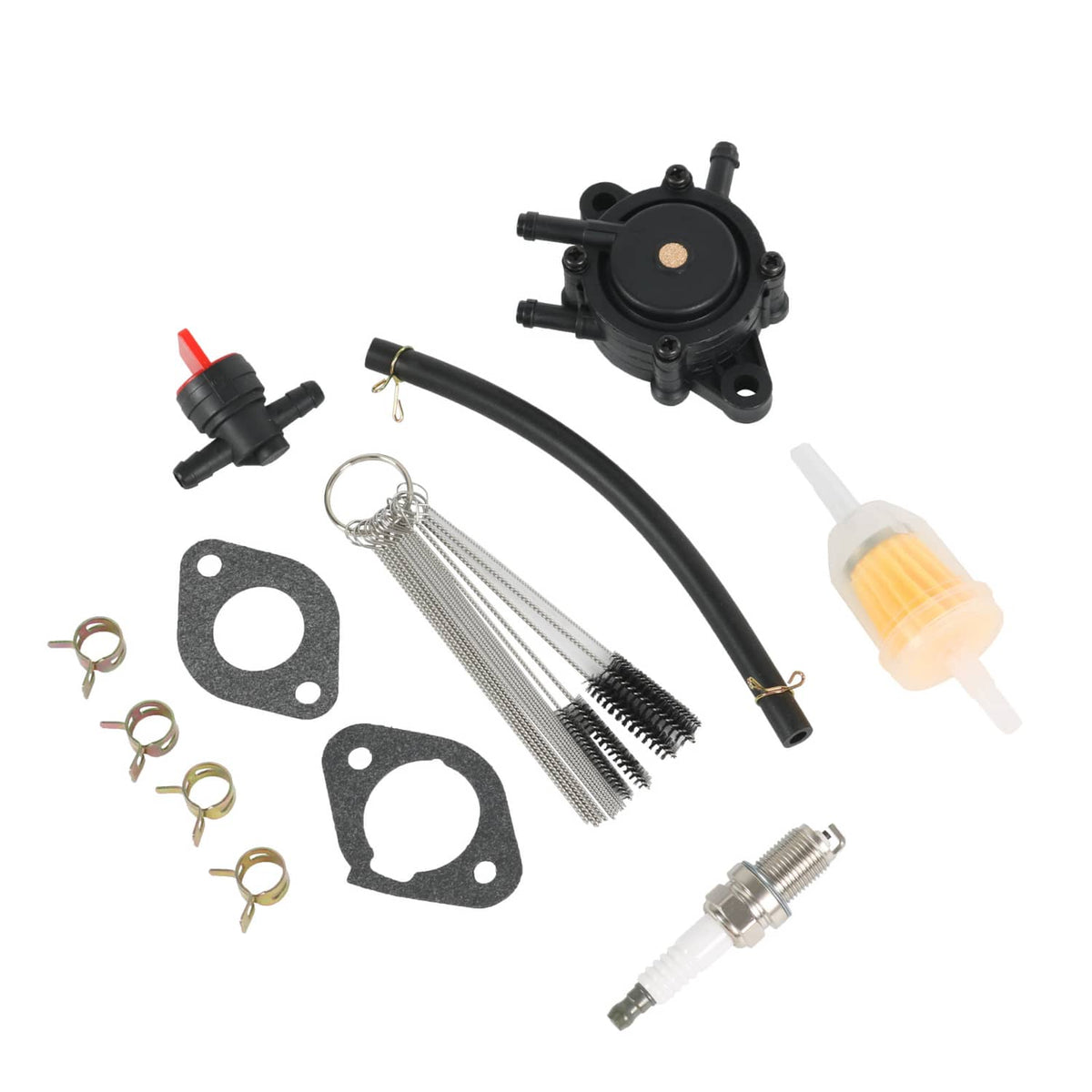 Carburetor diaphragm valve kit with hoses, jets, spark plug, and gaskets