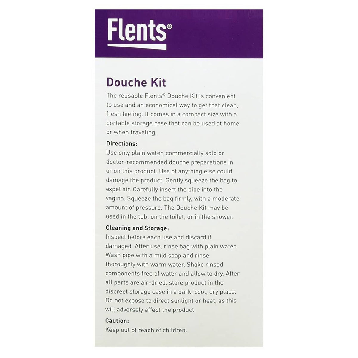 Flents Douche Kit instruction leaflet with directions and storage notes