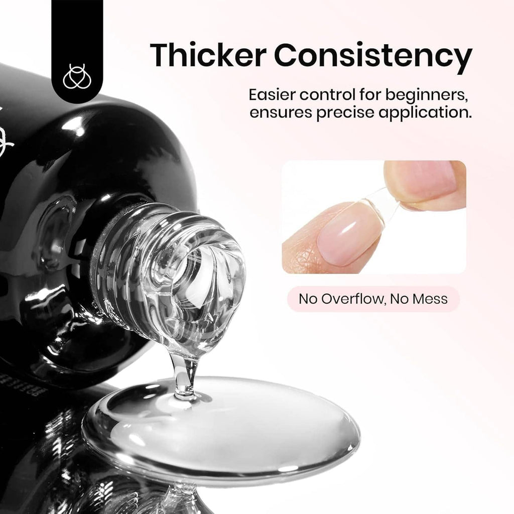 Thicker consistency HEMA-free builder gel in black bottle with pouring nozzle