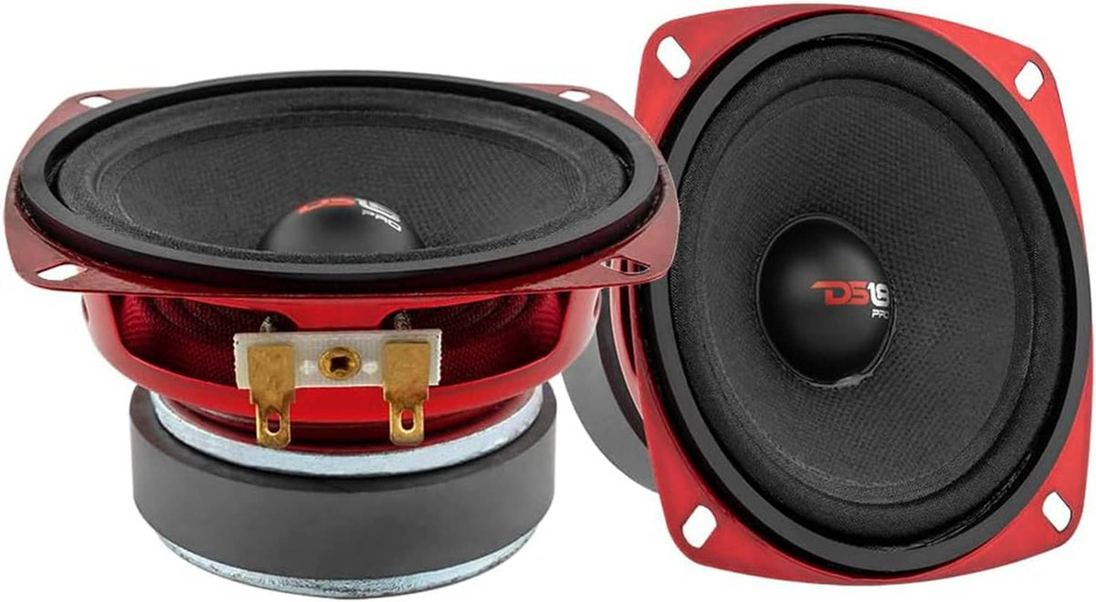 4-inch midrange loudspeaker showing side view, terminals, and red basket