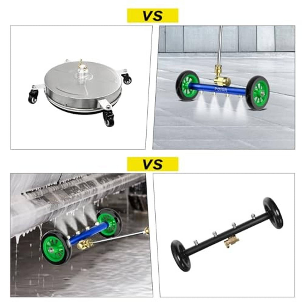 Blue undercarriage pressure washer surface cleaner attachment with green wheels and brass wand