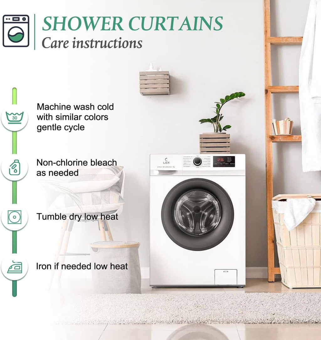 Shower curtain care instructions graphic with wash, bleach, tumble dry, and iron icons