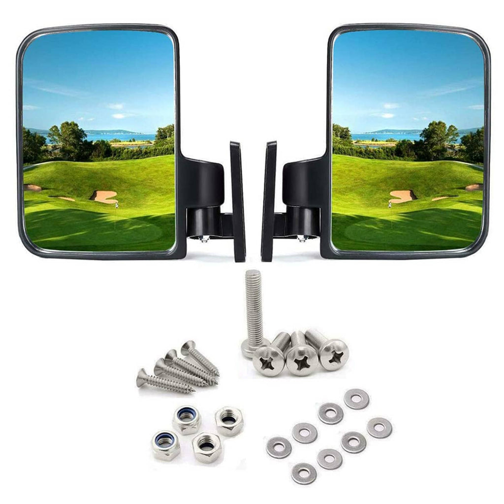 Two black rear-view mirrors for golf cart with reflective glass and included fasteners