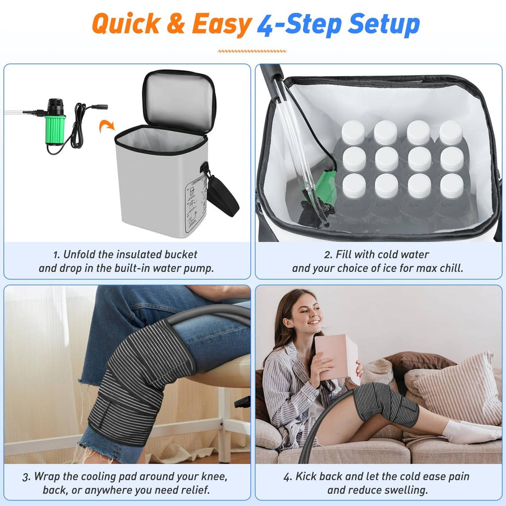 4-step setup with insulated water bucket, cooling pad, and knee wrap application