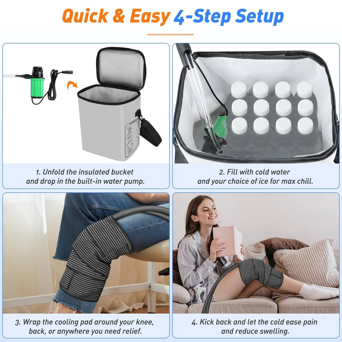 4-step setup with insulated water bucket, cooling pad, and knee wrap application