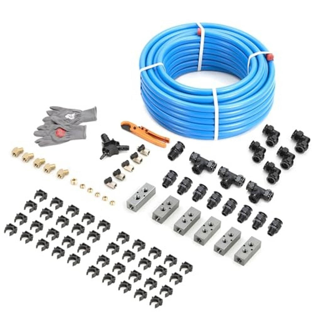 Compressed air piping kit: blue tubing coil with mixed black fittings, blocks, and clips