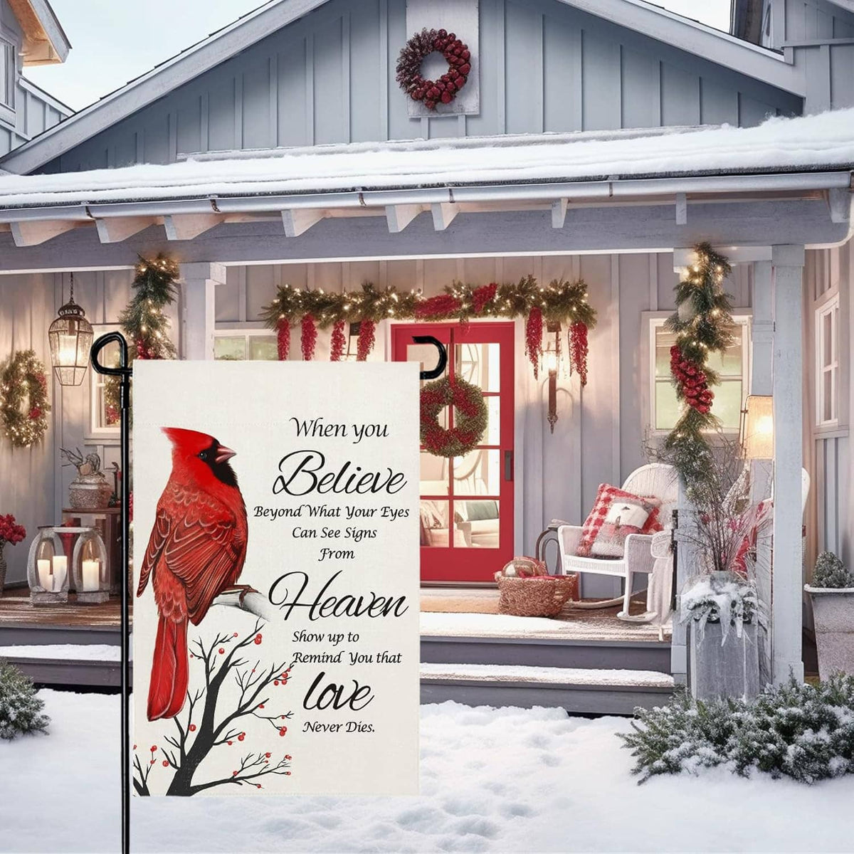 Snowy yard garden flag design: red cardinal, “Believe” message, and bare tree