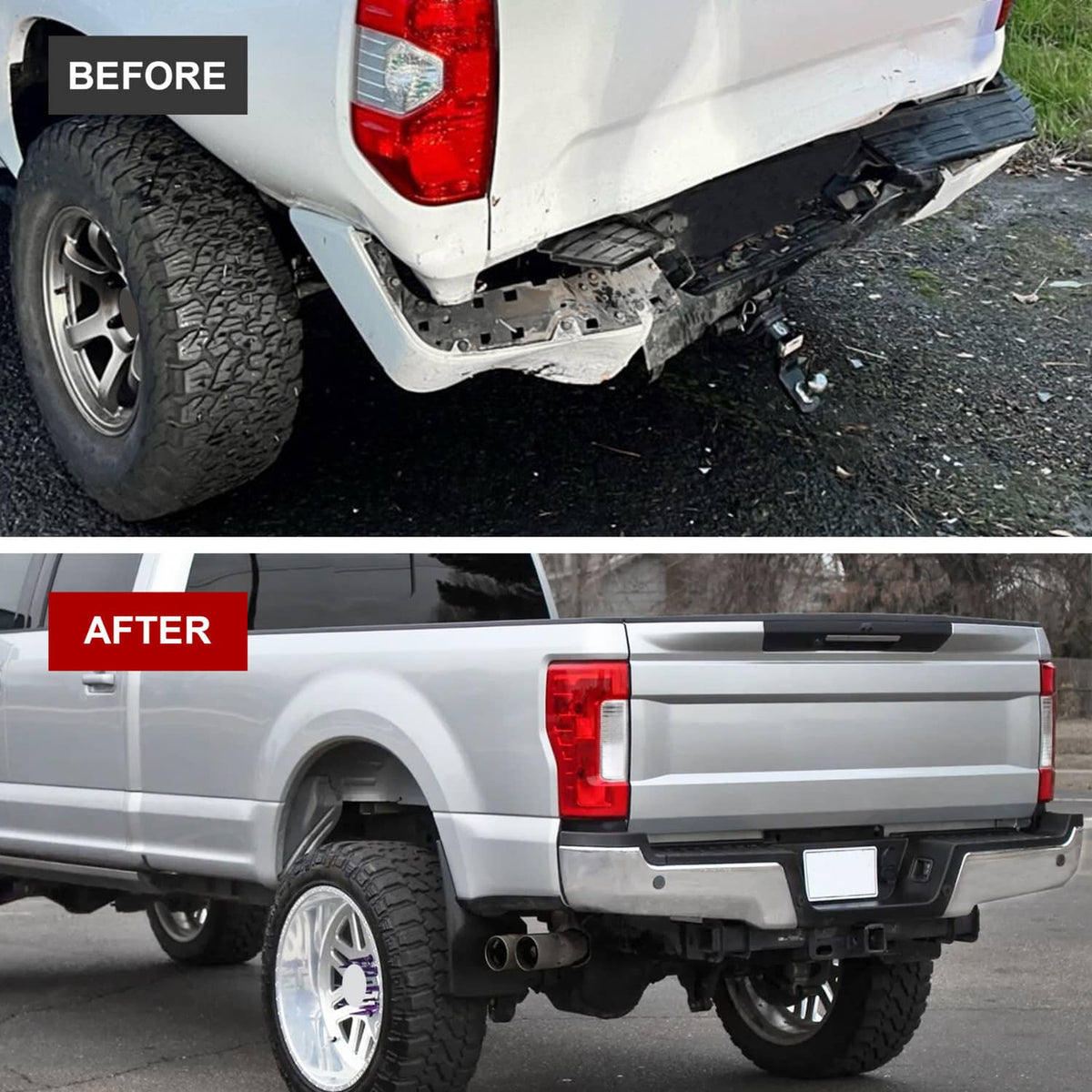 Before and after view of rear step bumper installed on a white pickup truck
