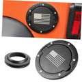 Black round gas cap cover with US flag-style insert and metal mounting bolts