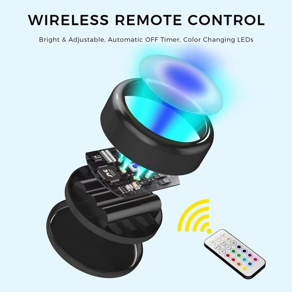 Wireless remote-controlled RGB LED puck light with remote and color LED effects