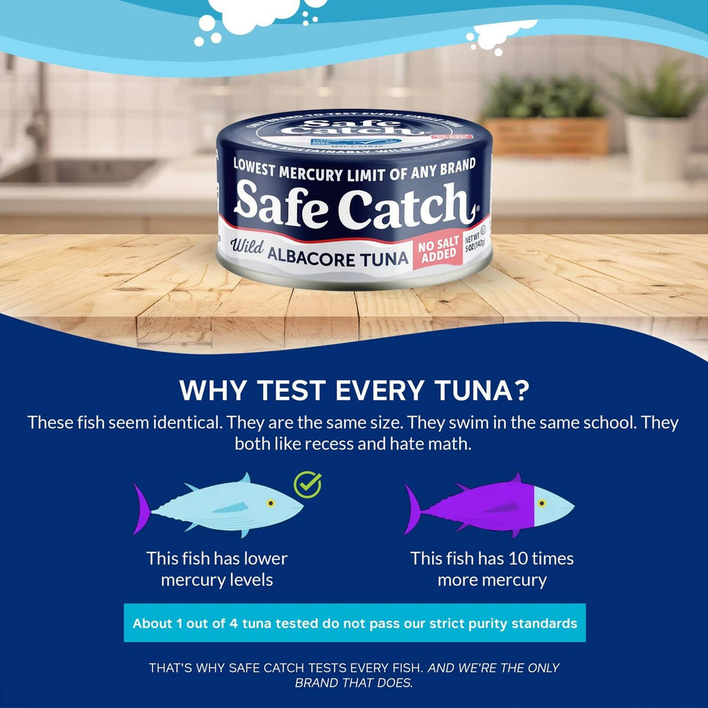 Safe Catch wild albacore tuna can on wooden surface, lowest mercury claim