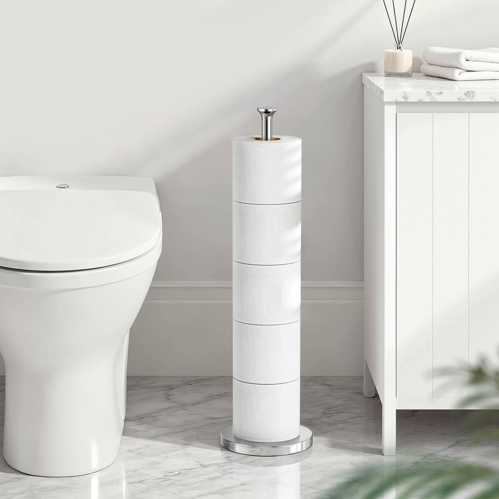 Freestanding toilet paper holder stand holding stacked rolls, chrome base