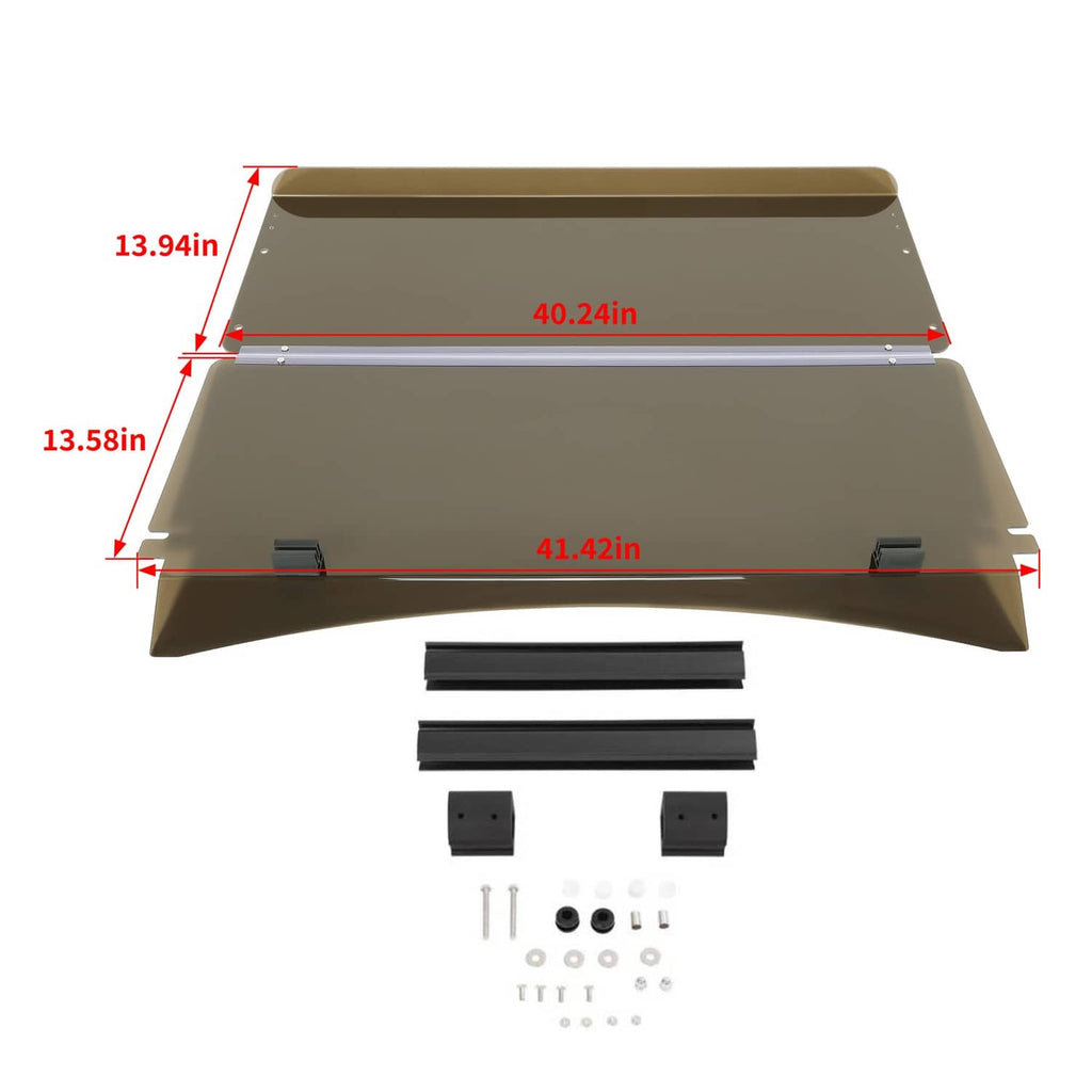 Fold-down tinted windshield with dimension lines, black frame and mounting components.
