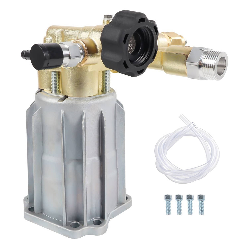 Pressure washer pump with black inlet cap, gold body, and silver outlet fitting