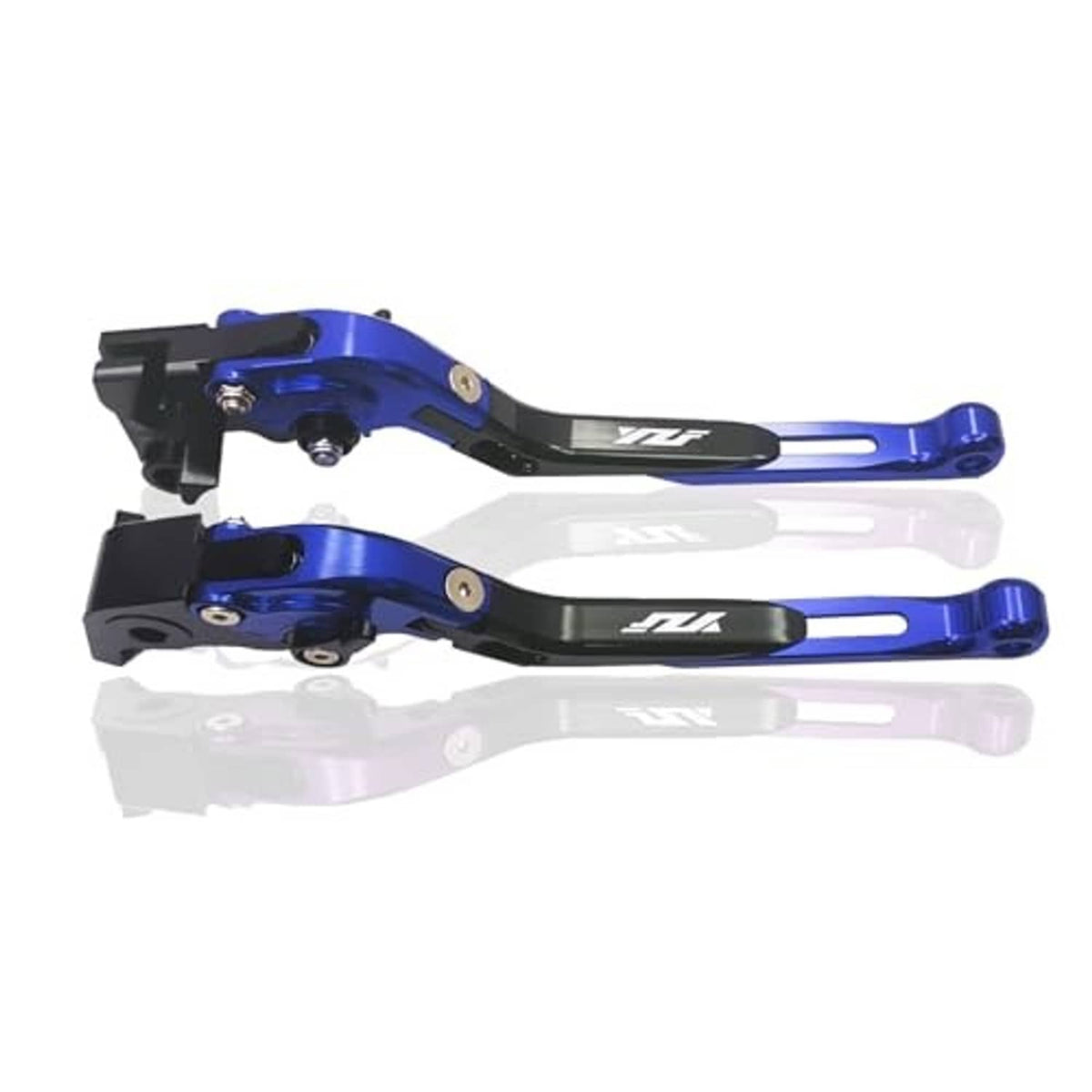 Blue and black motorcycle brake and clutch levers, side view with extended adjustment