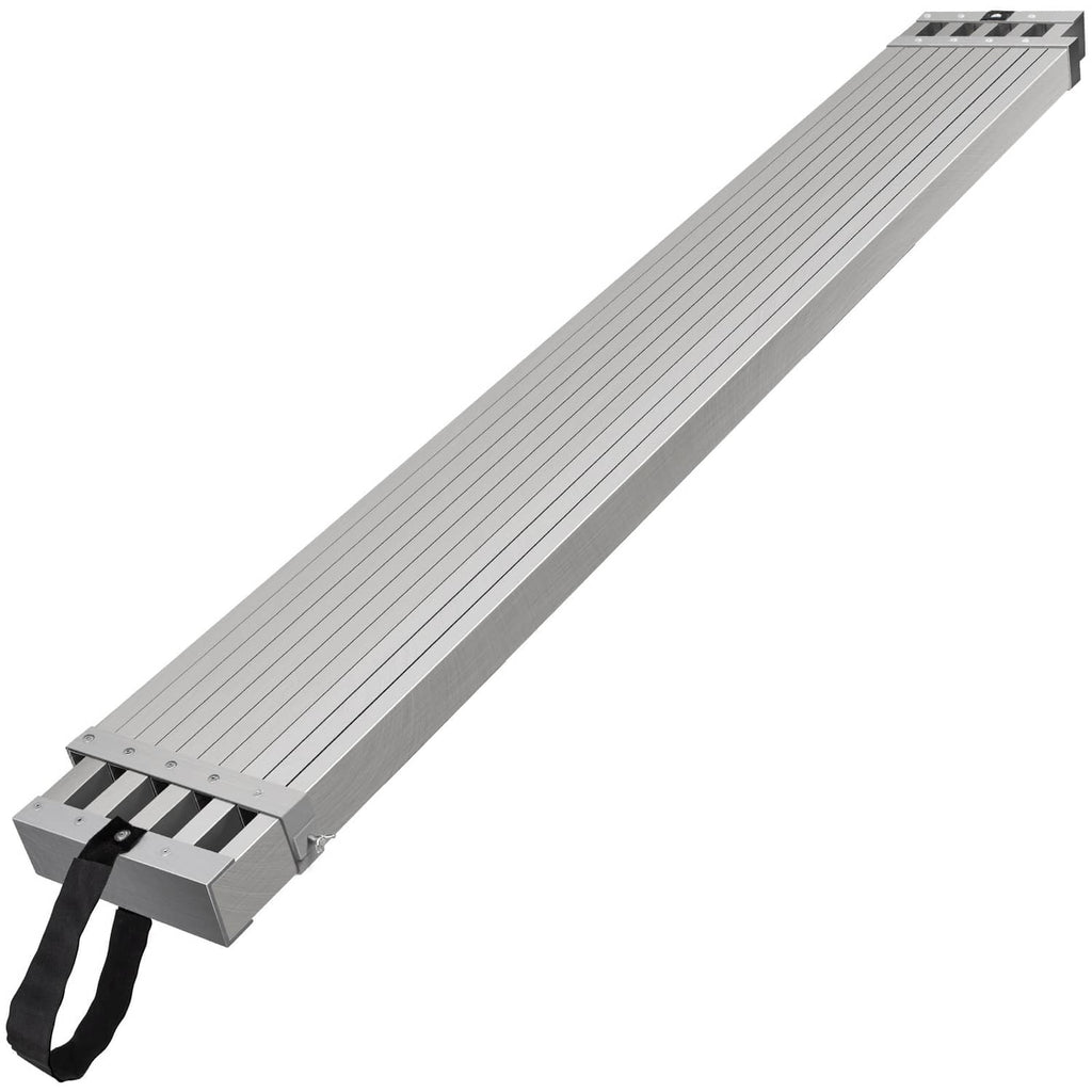 Aluminum scaffold plank with ribbed running surface and black lifting strap on end