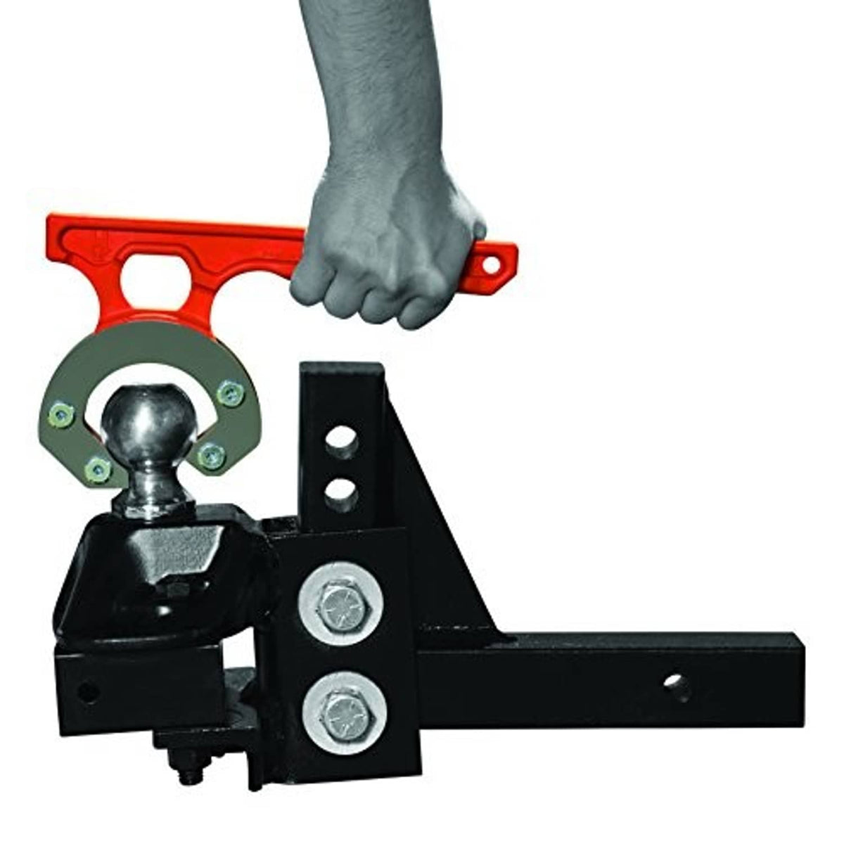 Red hitch ball mount carrier with ball cup and black mounting plate