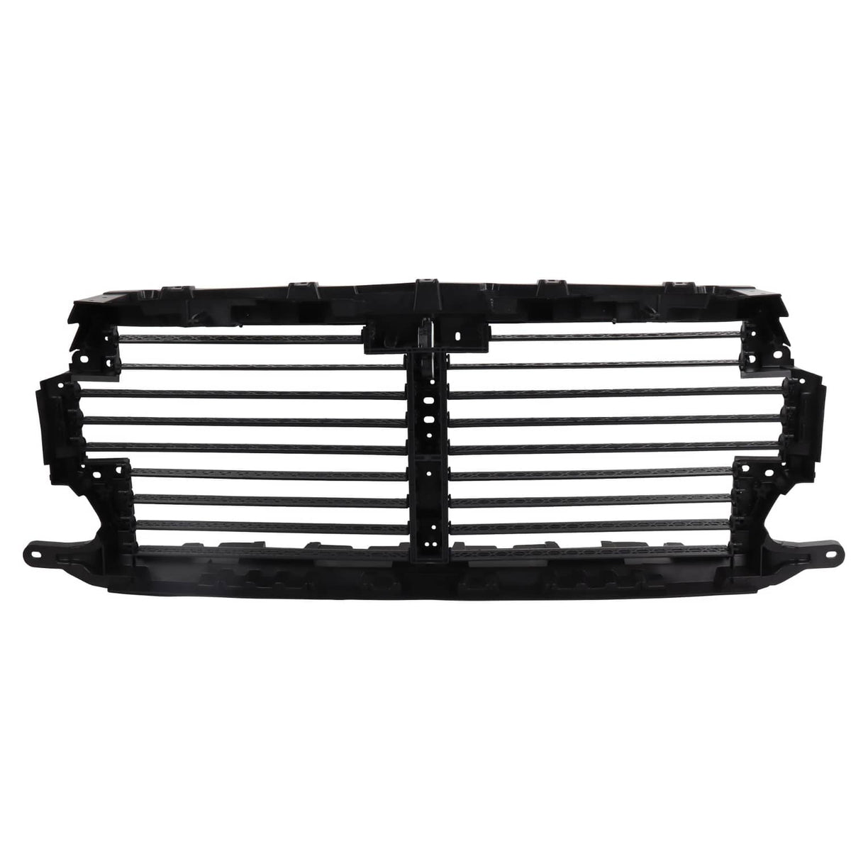 Black upper radiator grille air shutter panel with horizontal slats and side support arms