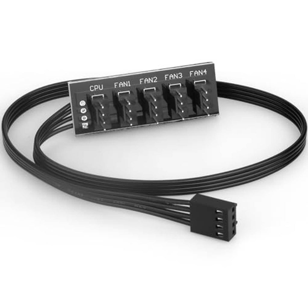 PC fan hub splitter with CPU and FAN1–FAN4 ports, black cable and 4-pin connector
