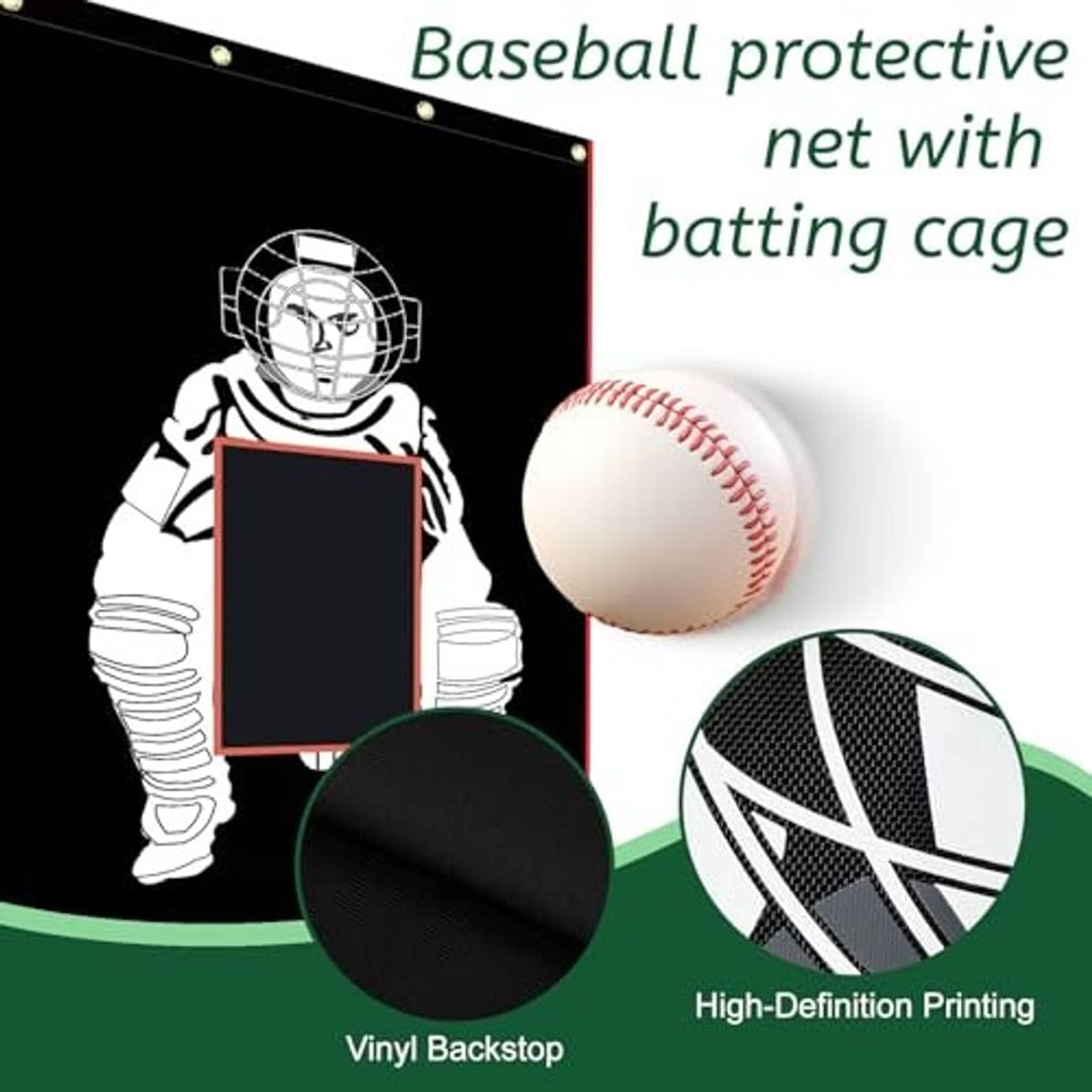 Black vinyl strike zone backstop with catcher graphic shown with baseball