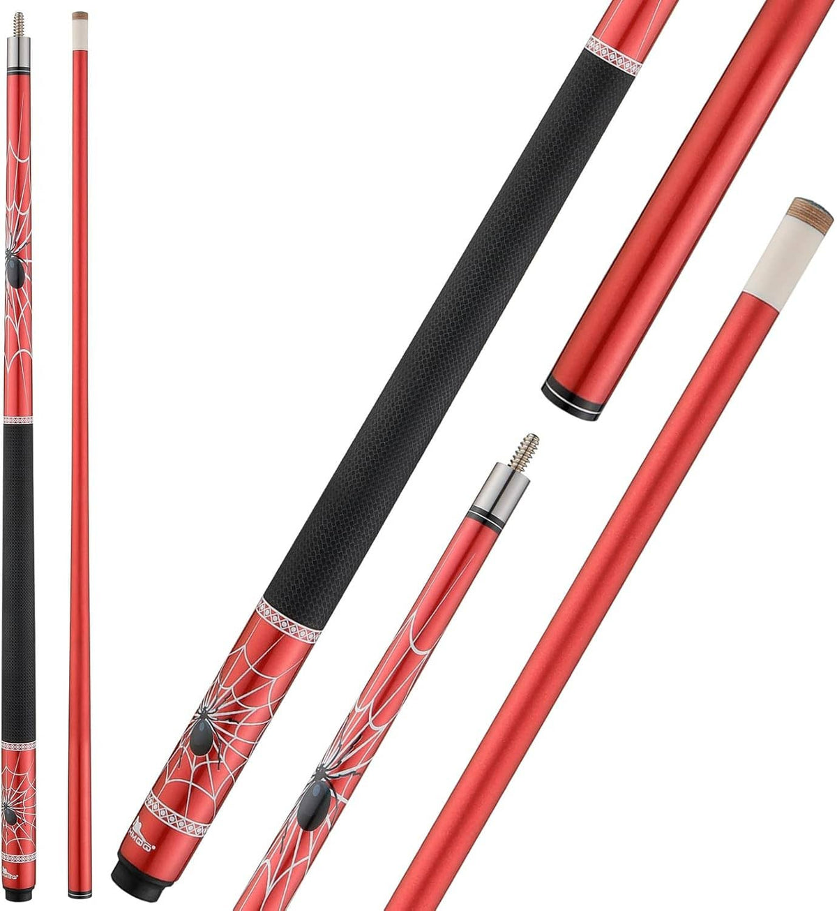 Red billiard cue stick set with black grip wrap, decorative band, wood tip