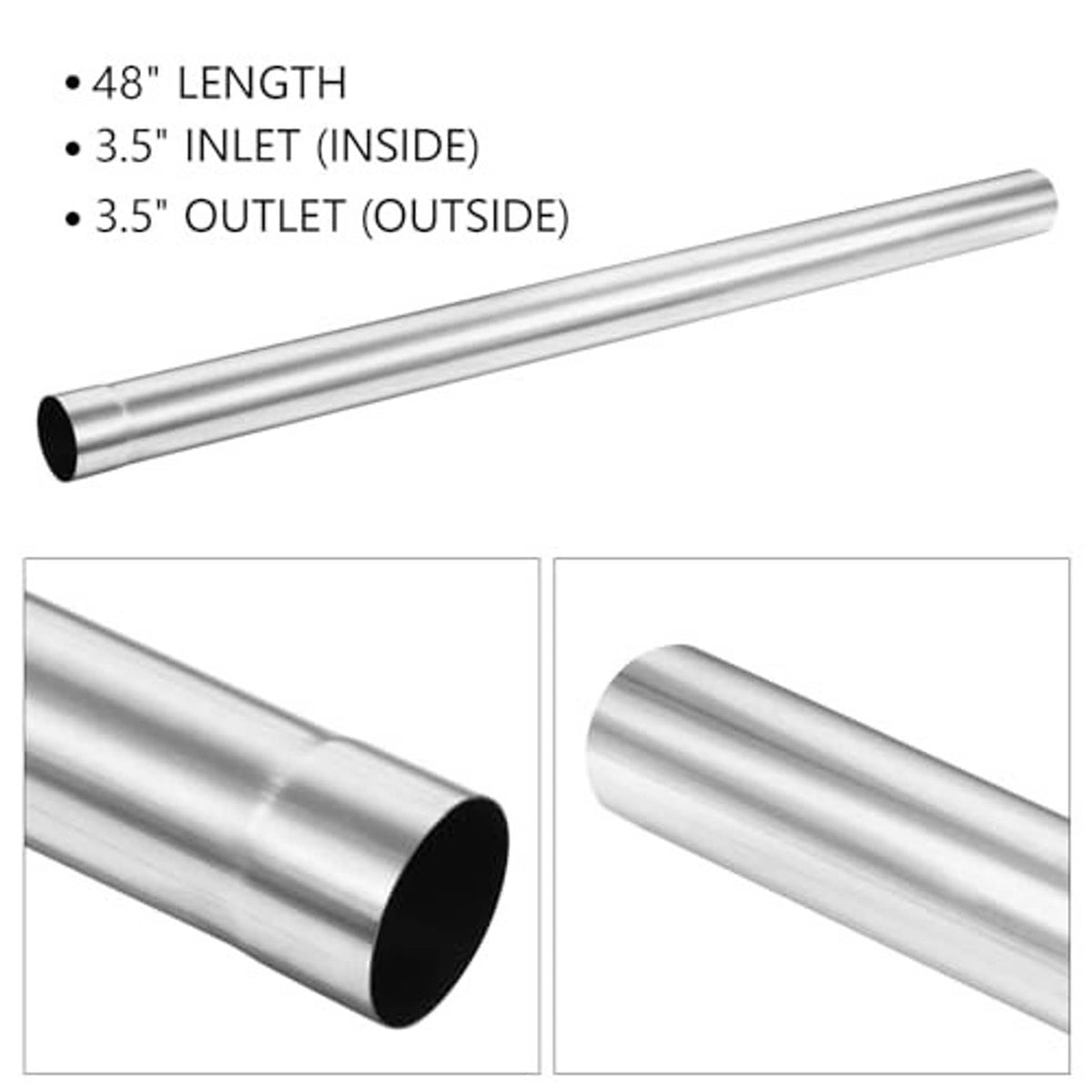 Straight exhaust pipe with black-cut ends; inlet and outlet shown in close-up