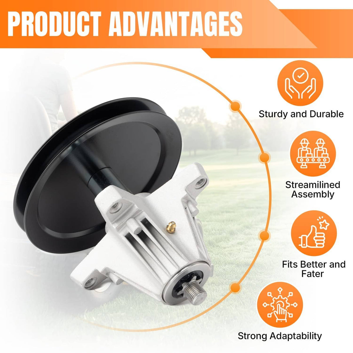 Spindle assembly with black pulley and silver housing, product feature graphic