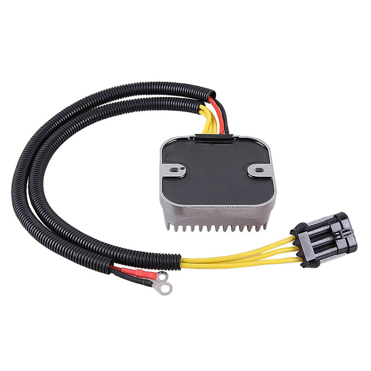 Voltage regulator rectifier with cooling fins, wire harness, and multi-pin plug