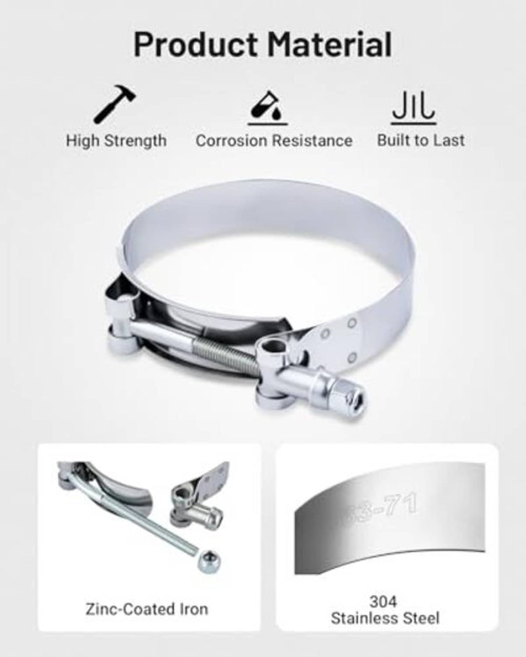 Stainless steel T-bolt hose clamp with shiny metal band and bolt fastener