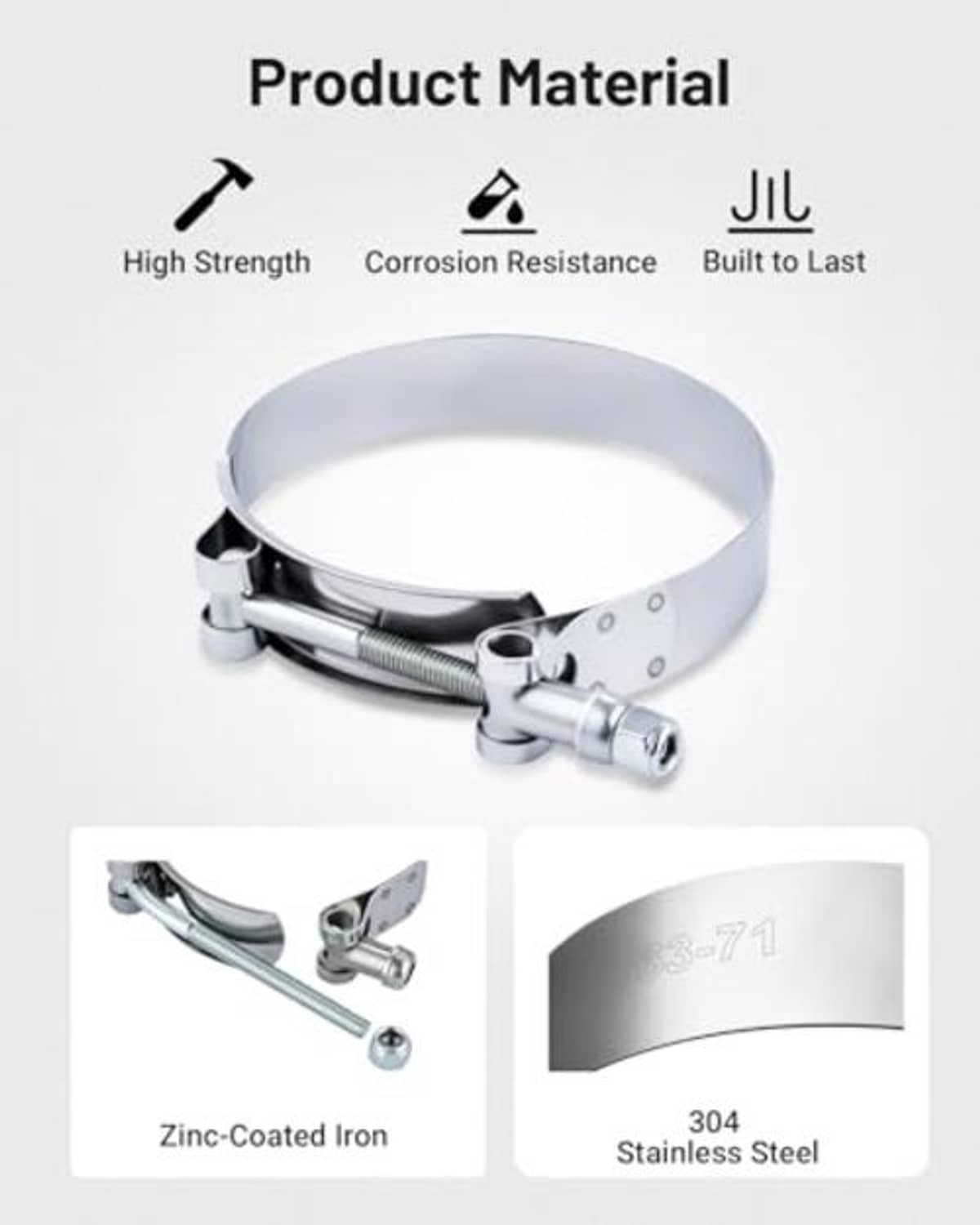 Stainless steel T-bolt hose clamp with shiny metal band and bolt fastener