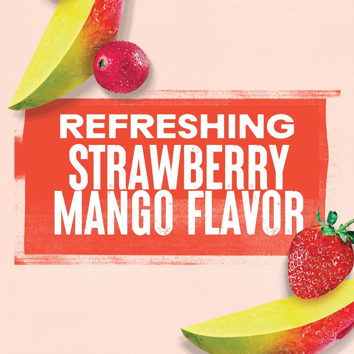 Refreshing strawberry mango flavor label graphic with strawberries and mango slices