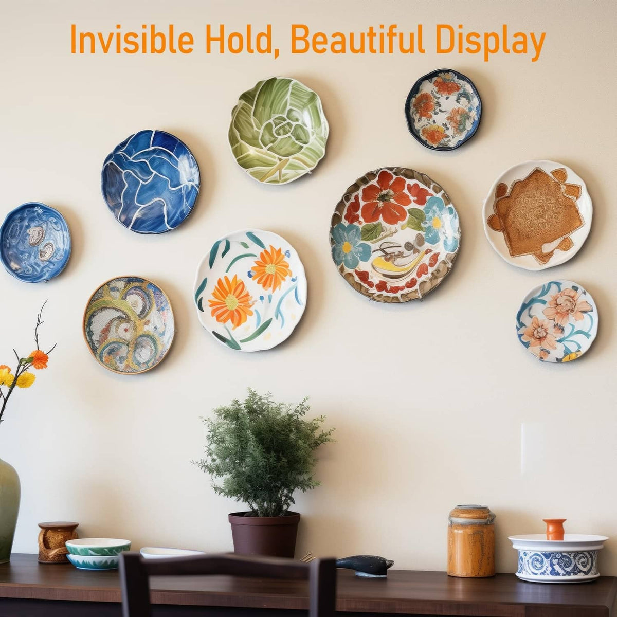 Wall-mounted plate hangers holding decorative plates for an invisible display