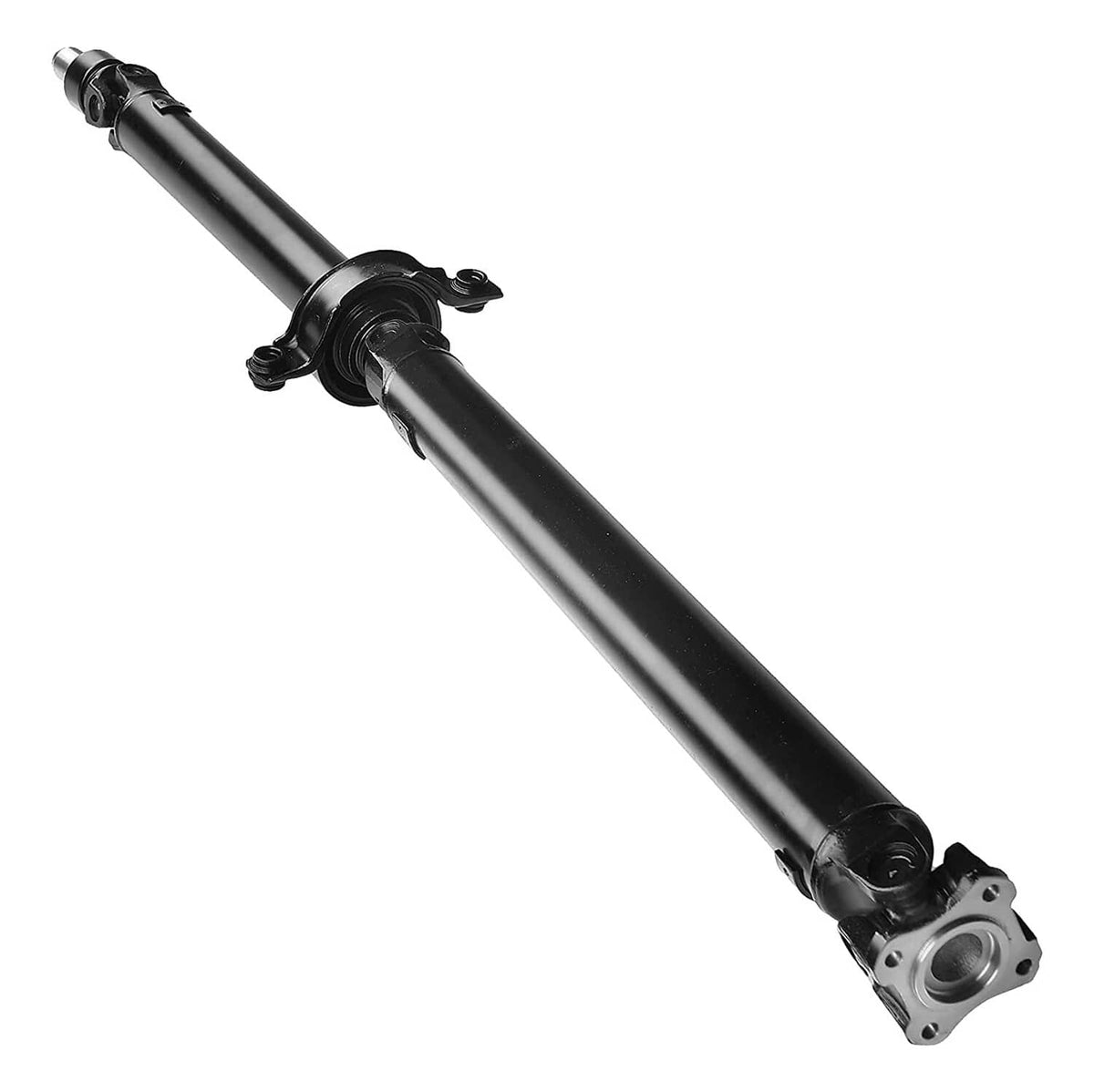 Rear prop shaft assembly angled view—black shaft with central bearing housing